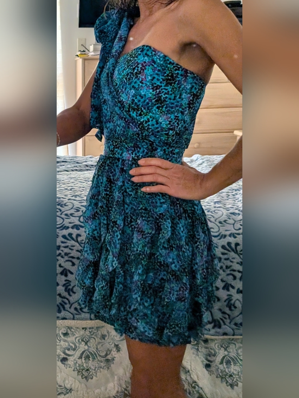 French Connection Blue and Aqua One-Shoulder Ruffle Mini Dress